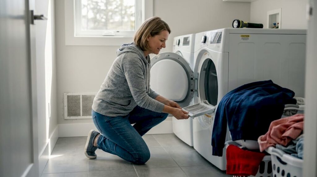 Homeowner pulling lint trap from dryer