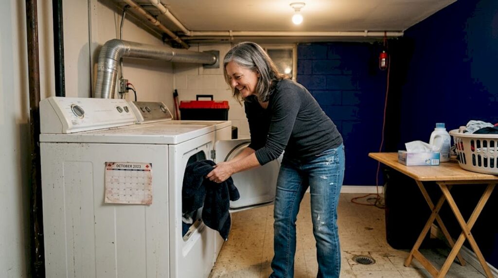 Woman loading vented dryer in basement laundry